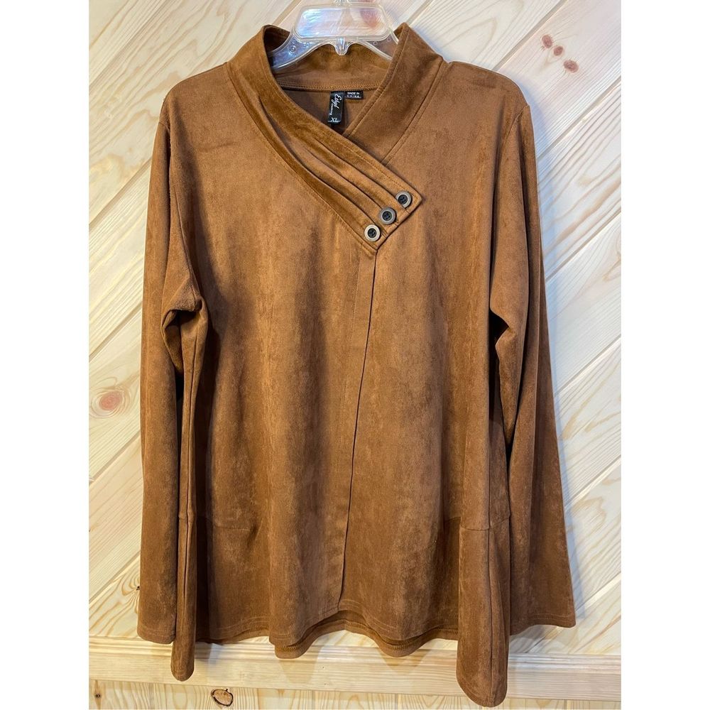 Ethyl Womens Suede Top Blouse Pullover Stretch Long Sleeve Button Brown Size XL